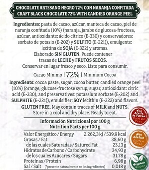 Chocolate artesano Negro 72% con Naranja Confitada