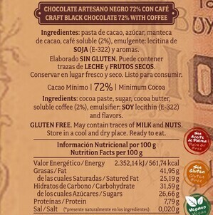 Chocolate artesano Negro 72% con Café