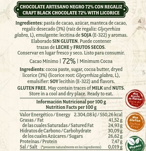 Chocolate artesano Negro 72% con Regaliz