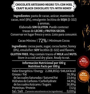 Chocolate artesano Negro 72% con Miel
