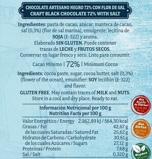 Chocolate artesano Negro 72% con Flor de Sal