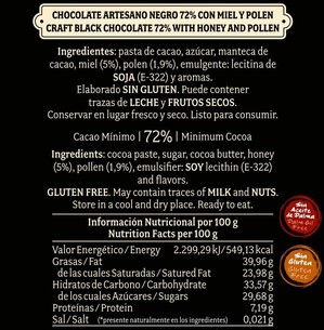 Chocolate artesano Negro 72% con Miel y Polen