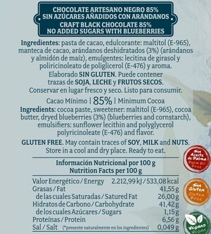 Chocolate artesano Negro 85% Sin Azúcar con Arándanos