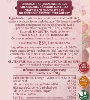 Chocolate artesano Negro 85% Sin Azúcar con Fresa