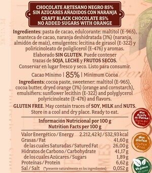 Chocolate artesano Negro 85% Sin Azúcar con Naranja