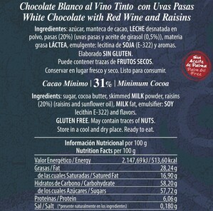 Chocolate artesano Blanco Vino Tinto y Uvas Pasas